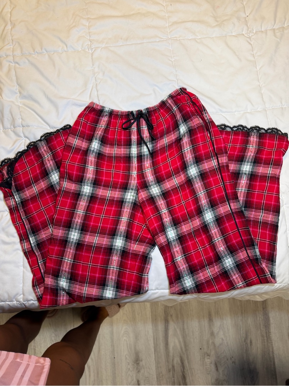 Victoria's Secret Red Plaid Lounge Pajama Pants with Black Lace Trim